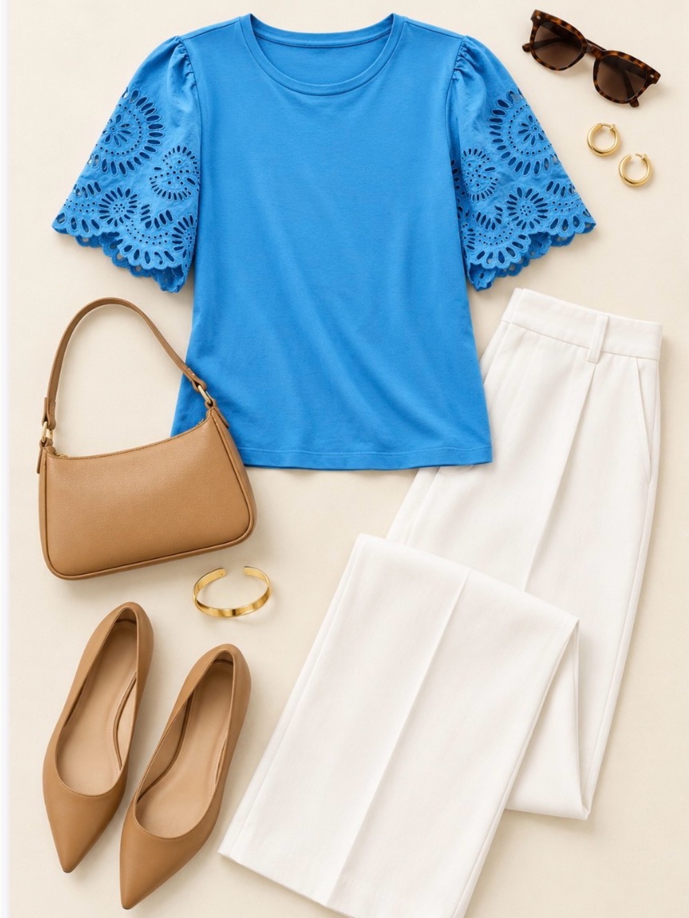 Ann Taylor Bright Blue Eyelet Puff Sleeve Tee EUC
